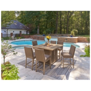 Walton Bridge Outdoor Fire Pit Table and 6 Barstools, Driftwood