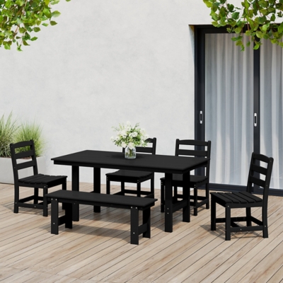 Westin Furniture Shoreside Outdoor Dining Table and 4 Armless Chairs and Bench, Black