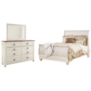 Willowton Queen Sleigh Bed with Mirrored Dresser, Whitewash