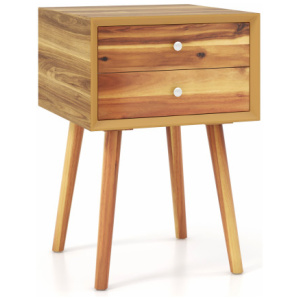 Wooden Nightstand Mid-Century End Side Table with 2 Storage Drawers-Natural