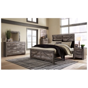 Wynnlow King Crossbuck Panel Bed with Mirrored Dresser and Chest, Gray