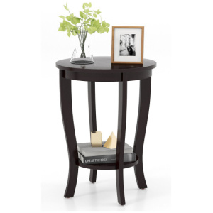 2-tier Round End Table with Solid Wood Legs-Espresso