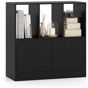 3-Cube Bookcase with Doors 3-Tier Cubic Bookshelf with Open Compartments and Cabinet-Black