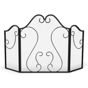 3 Panel Fireplace Screen Foldable Spark Guard Cover with Decorative Scroll
