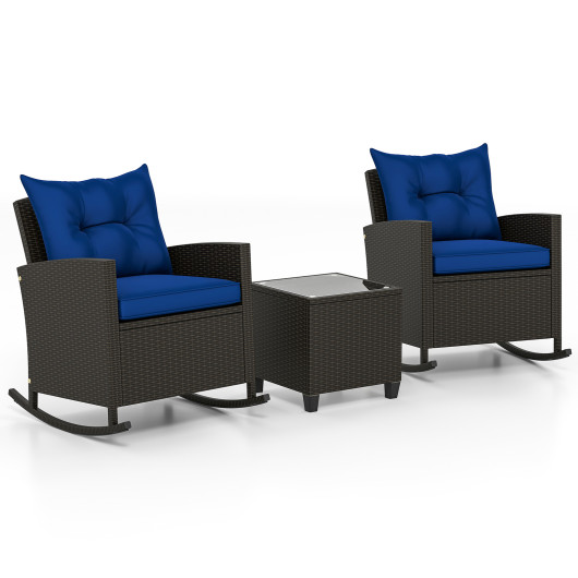 3-Piece Patio Rattan Roker Chairs with Tempered Glass Table and Soft Cushions-Navy