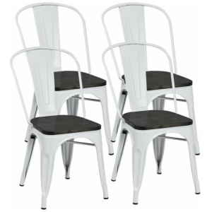 4 Pieces Tolix Style Metal Dining Side Chair Stackable Wood Seat-White