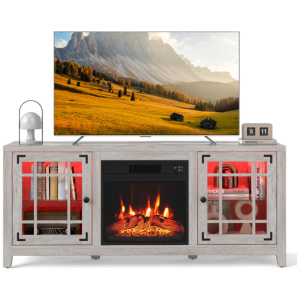 58" Fireplace TV Stand with LED Lights and 18" Electric Fireplace-Natural
