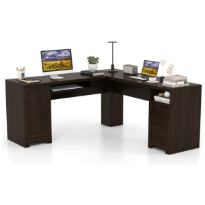 66 Inch L-Shaped Writing Study Workstation Computer Desk with Drawers-Coffee