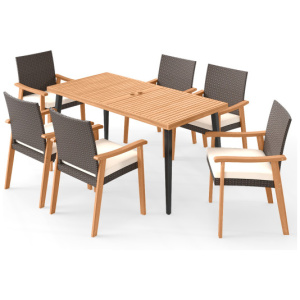 7-Pieces Patio Dining Table Set Acacia Wood Table and 6 Armchairs