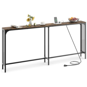 71 Inch Narrow Console Table with Power Outlet for Small Space-Rustic Brown