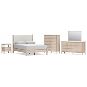 Cadmori Queen Upholstered Panel Bed with Mirrored Dresser, Chest and Nightstand, Two-tone