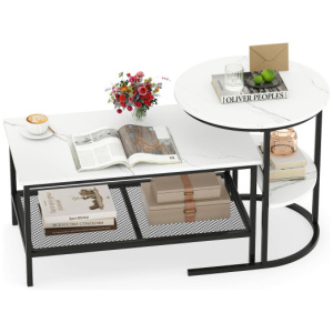Coffee Table Set of 2 2-Tier Rectangle Coffee Table and Side End Table with Storage Shelves-White