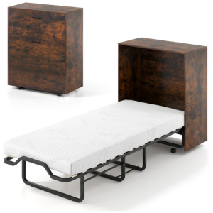 Cot Size Murphy Bed with Foldable Bed and Lockable Wheels-Rustic Brown