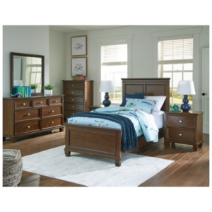 Danabrin Twin Panel Bed with Mirrored Dresser, Chest and 2 Nightstands, Brown