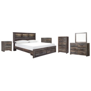 Drystan King Bookcase Bed with 2 Storage Drawers with Mirrored Dresser, Chest and 2 Nightstands, Multi