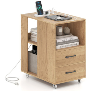 End Table with Built-in Charging Station Sofa Side Bedside Table on Wheels-Natural