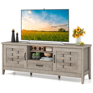 Farmhouse TV Stand for 65 Inch TVs with 2 Woven Accent Doors and 3 Adjustable Shelves-Oak