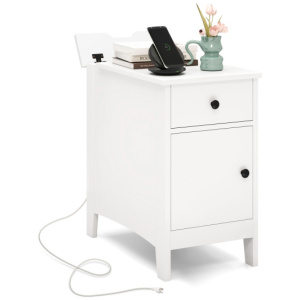 Flip Top End Table with Charging Station USB Ports Outlets and Drawer-White