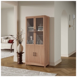 Manhattan Comfort Jodie 68" Bookcase With Tempered Glass Doors, Maple