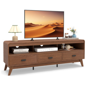 Mid Century Modern TV Stand for TVs up to 70" with 3 Storage Drawers and Open Shelves-Walnut