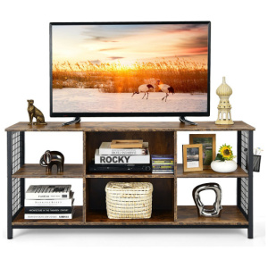 Mid-Century Wooden TV Stand with Storage Basket for TVs up to 65 Inch-Rustic Brown