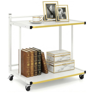 Mobile Side Table 2-Tier Rolling End Table with Open Shelves & Golden Trimmed Edges-White