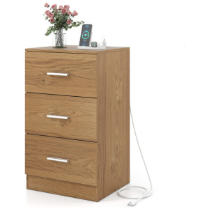 Nightstand with Charging Station End Table with 3 Storage Drawers Bedside Table for Bedroom-Natural