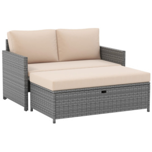 Outdoor Rattan Daybed Wicker Loveseat and 31 Gallon Storage Ottoman-Brown