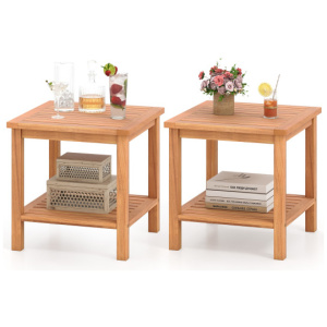 Patio Acacia Wood Side Table Set of 2 with Slatted Tabletop and Storage Shelf