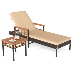Patio Rattan Chaise Lounge with Side Table and Adjustable Backrest-Beige