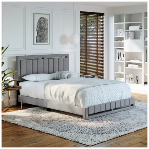 Roza Queen Upholstered Linen Platform Bed, Gray