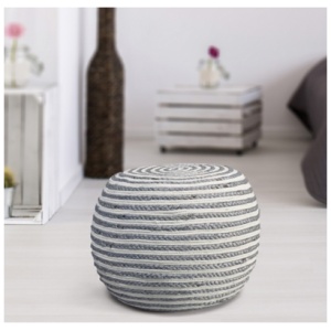 Serena Striped Braided Pouf, Gray/White