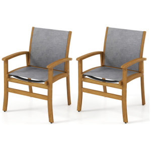 Set of 2 Patio Dining Chairs with Breathable Fabric and Acacia Wood Frame