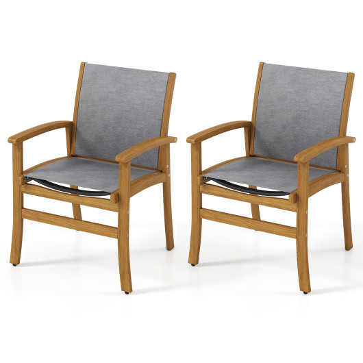 Set of 2 Patio Dining Chairs with Breathable Fabric and Acacia Wood Frame