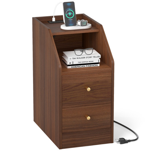Side End Table with Charging Station Sofa Couch Table with Shelf Drawers-Walnut