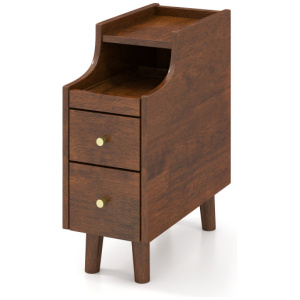 Solid Wood End Table Narrow Bedside Table with Pull-out Tray and 2 Storage Drawers-Brown