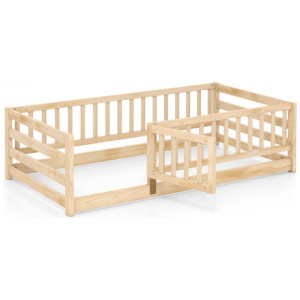 Twin Size Floor Bed with High Fence and Door Playhouse for Kids-Natural