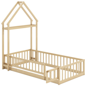 Twin Size House Floor Bed with House-shaped Headboard-Natural