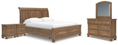 Vandenmore California King Storage Sleigh Bed with Mirrored Dresser and 2 Nightstands, Medium Brown