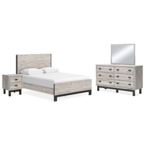 Vessalli Queen Panel Bed with Mirrored Dresser and Nightstand, Gray