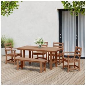 Westin Furniture Shoreside Outdoor Dining Table and 4 Arm Chairs and Bench, Teak
