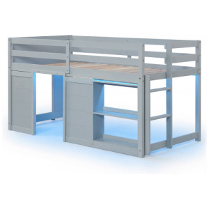 Wooden Low Kids Loft Bed with LED Lights and 2 Doors-Gray