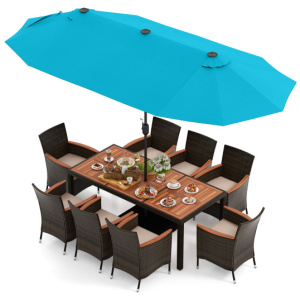 11 Pieces Patio Dining Set 15ft Double-Sided Patio Umbrella (Base Included) and Outdoor Rattan Furniture Set with 8 Stackable Chairs-Turquoise