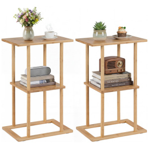2 Pieces Side Table with Storage Shelves and Bamboo Construction-Natural