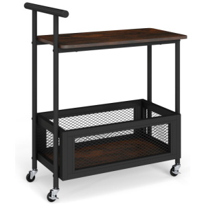 2-Tier Rolling End Table with Handle and Mesh Basket-Rustic Brown