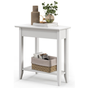 2-Tier Wedge Narrow End Table with Storage Shelf and Solid Wood Legs-White