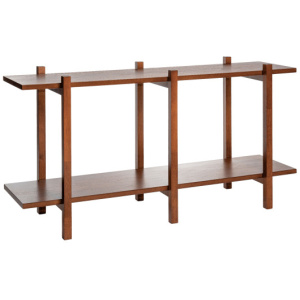 2-Tier Wood Bookshelf Low Horizontal Rubberwood Bookcase for Display-Walnut