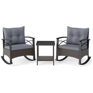 3 Piece Rocking Bistro Set PE Rattan Rocker Chairs with Acacia Wood Top Table-Gray