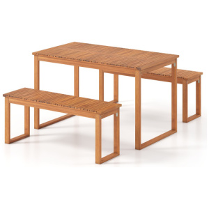 3 Pieces Acacia Wood Picnic Set with Outdoor Dining Table and 2 Benches for 4 People