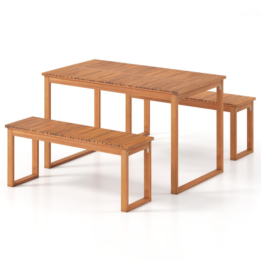 3 Pieces Acacia Wood Picnic Set with Outdoor Dining Table and 2 Benches for 4 People